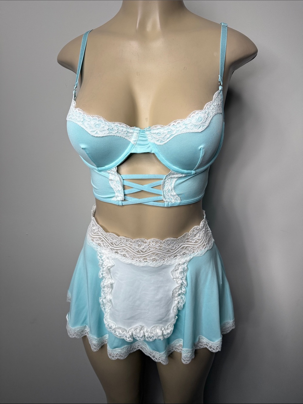 SHEIN Sky Blue Lace-Trim Bra Top & Skirt Lingerie Set